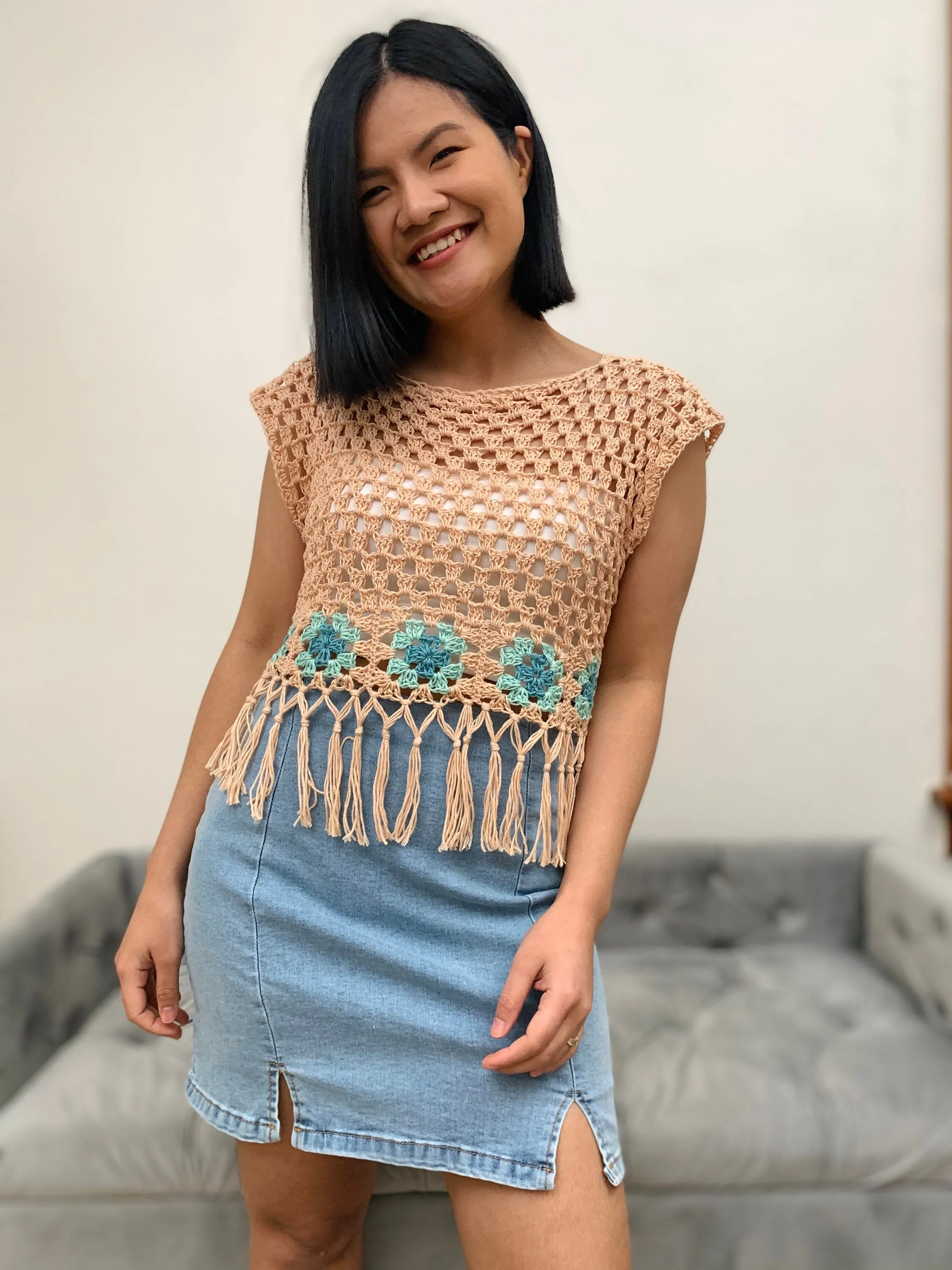 Boho crop top crochet pattern, optional boho style fringe PDF Printable pattern and Video Turotial