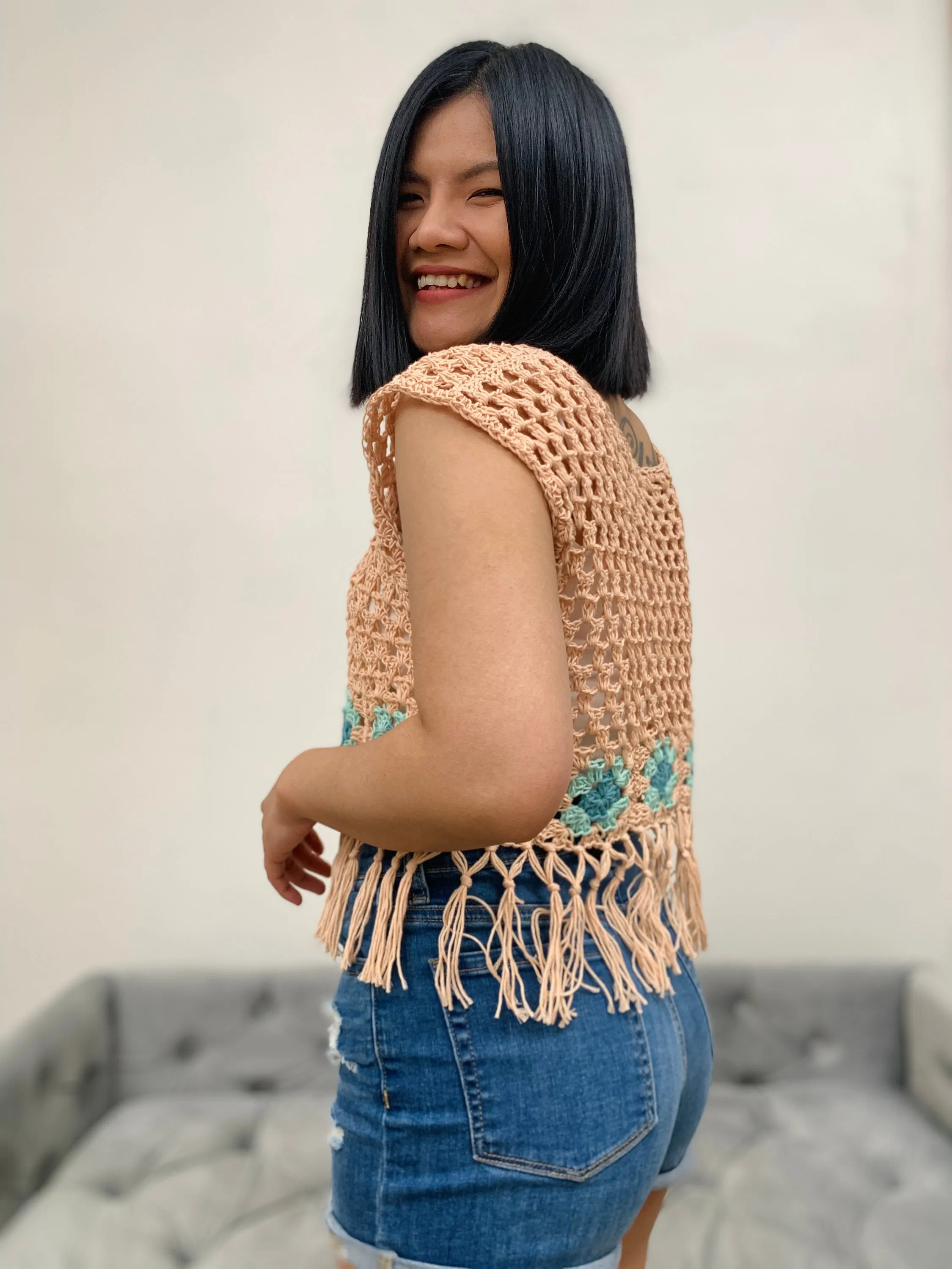 Boho crop top crochet pattern, optional boho style fringe PDF Printable pattern and Video Turotial