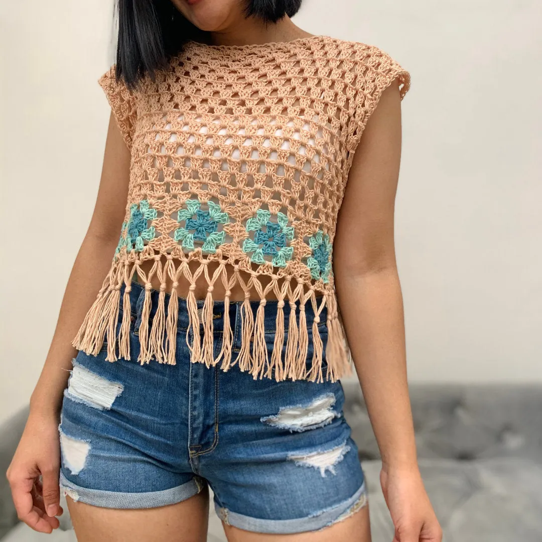 Boho crop top crochet pattern, optional boho style fringe PDF Printable pattern and Video Turotial