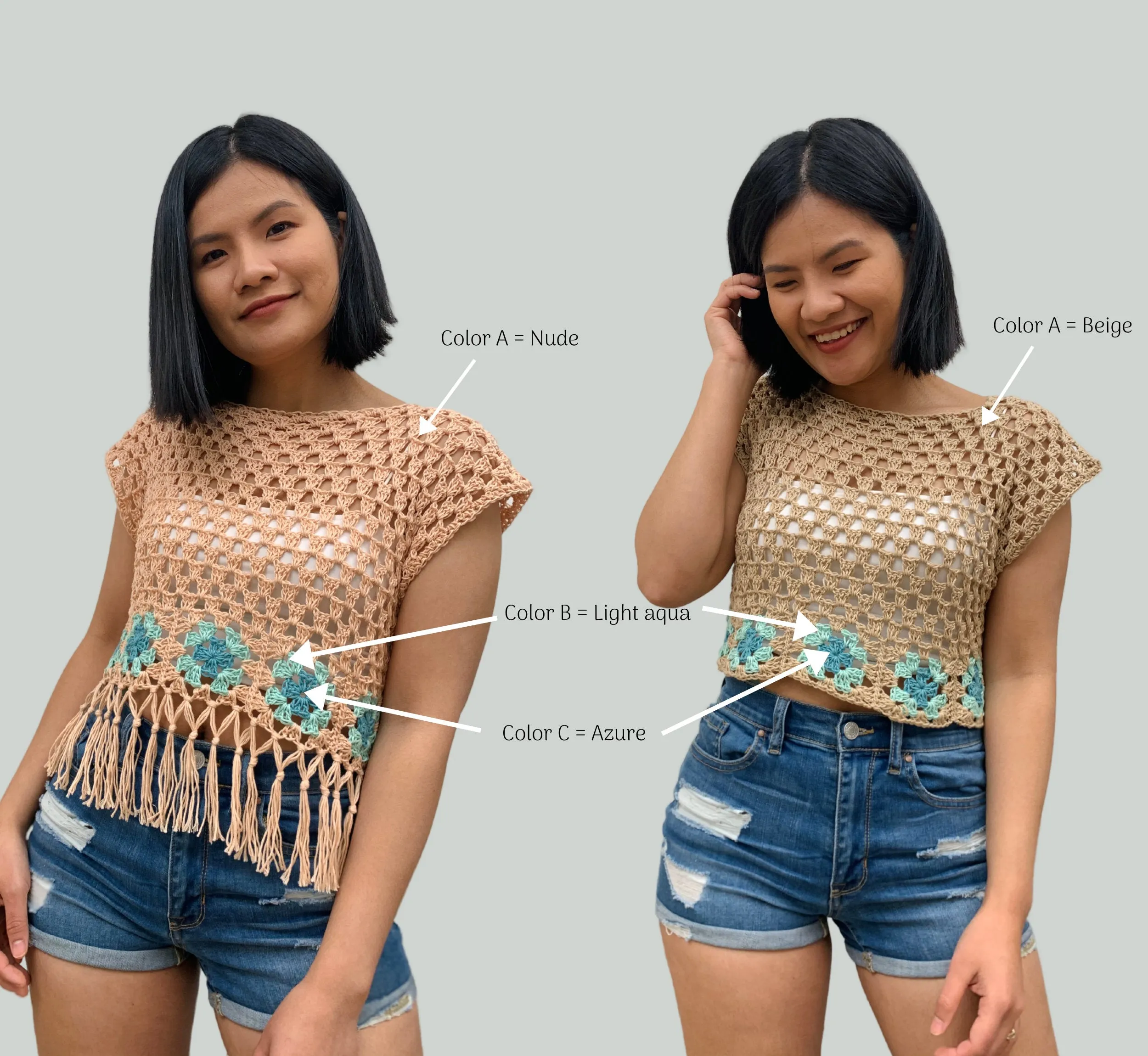Boho crop top crochet pattern, optional boho style fringe PDF Printable pattern and Video Turotial