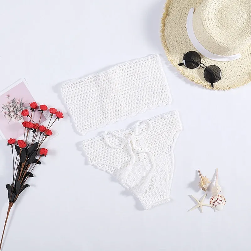 Bowie Fishnet High Waist Bikini Lace Up Front Choose Black Or White Handmade Crochet Tube Top Swimsuit With Tassel Ties Available In Small Medium Or Large