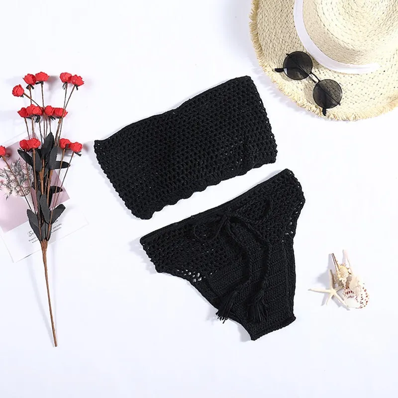 Bowie Fishnet High Waist Bikini Lace Up Front Choose Black Or White Handmade Crochet Tube Top Swimsuit With Tassel Ties Available In Small Medium Or Large