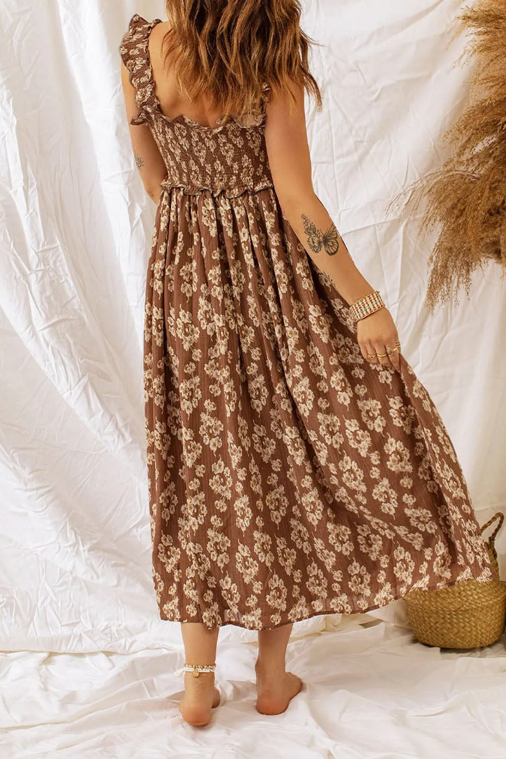 Brown and White Floral Smocked Maxi Dress