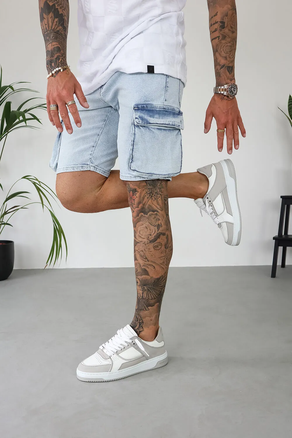 Cargo Utility Denim Shorts - Light Blue