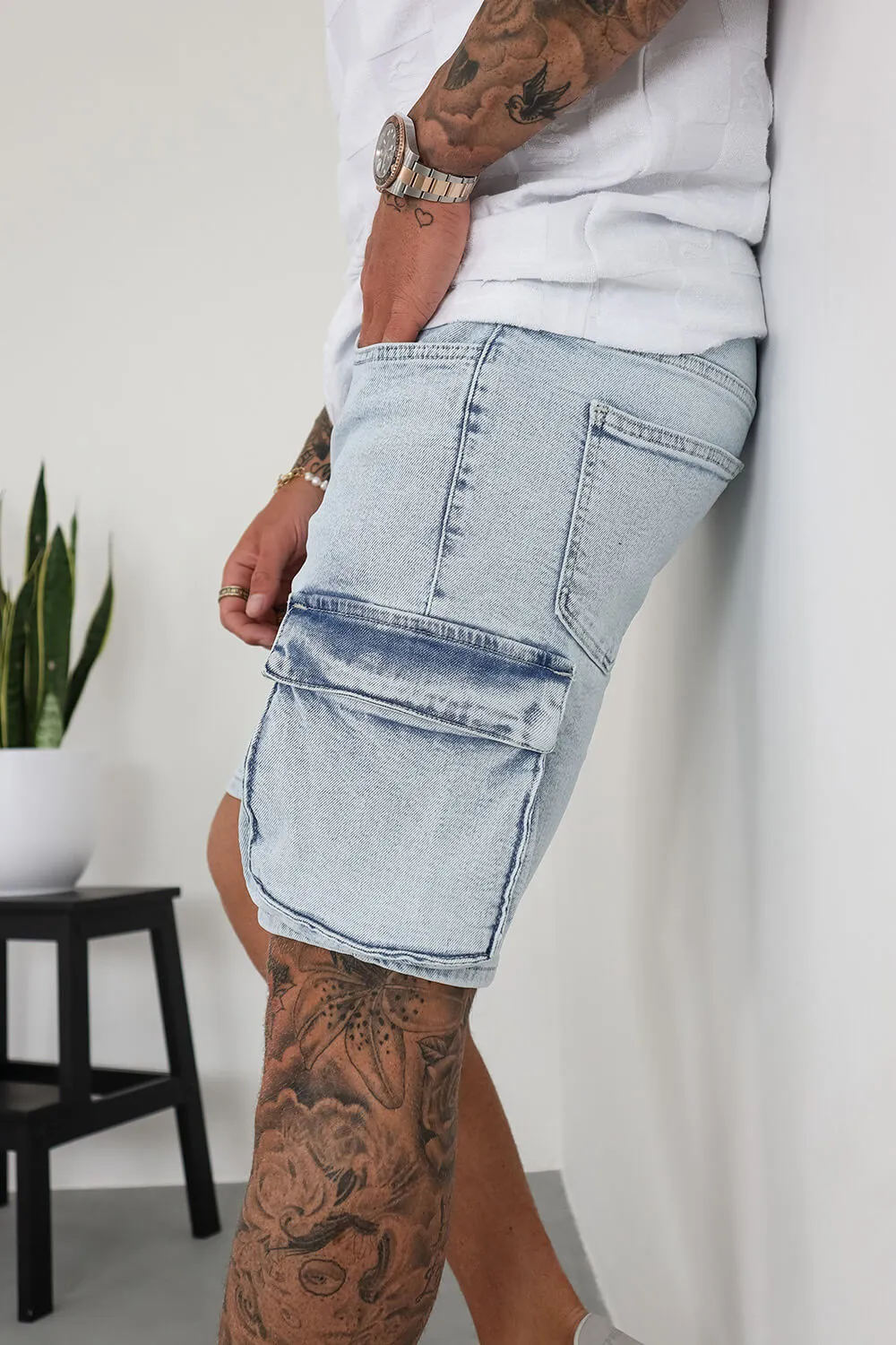 Cargo Utility Denim Shorts - Light Blue