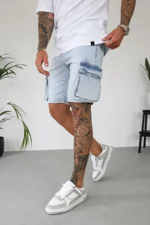 Cargo Utility Denim Shorts - Light Blue
