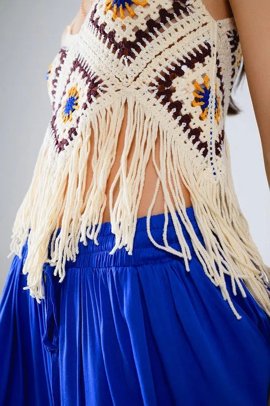 Crochet Top with Fringe Ends in Cream