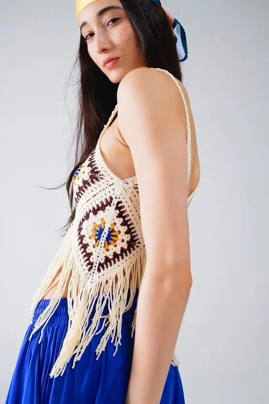 Crochet Top with Fringe Ends in Cream
