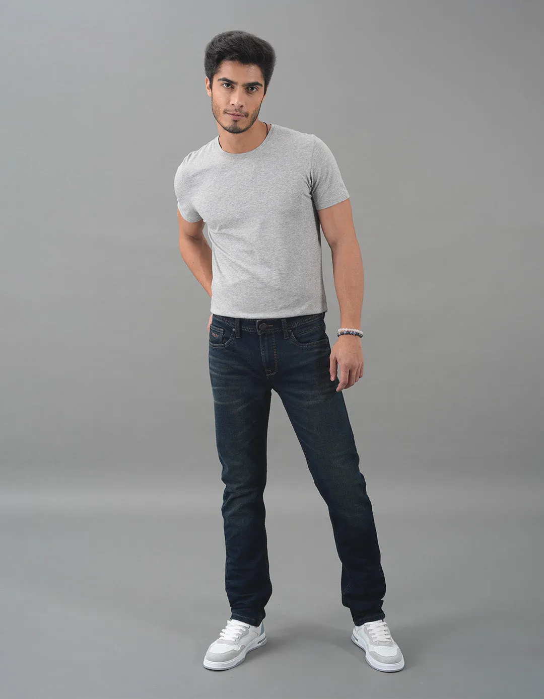 Dk Blue 5 Pocket Mid-Rise Slim Straight Fit Jeans