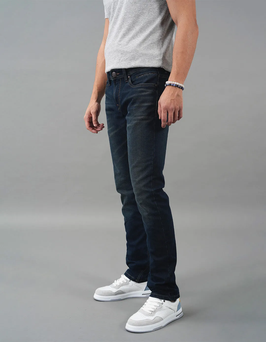 Dk Blue 5 Pocket Mid-Rise Slim Straight Fit Jeans