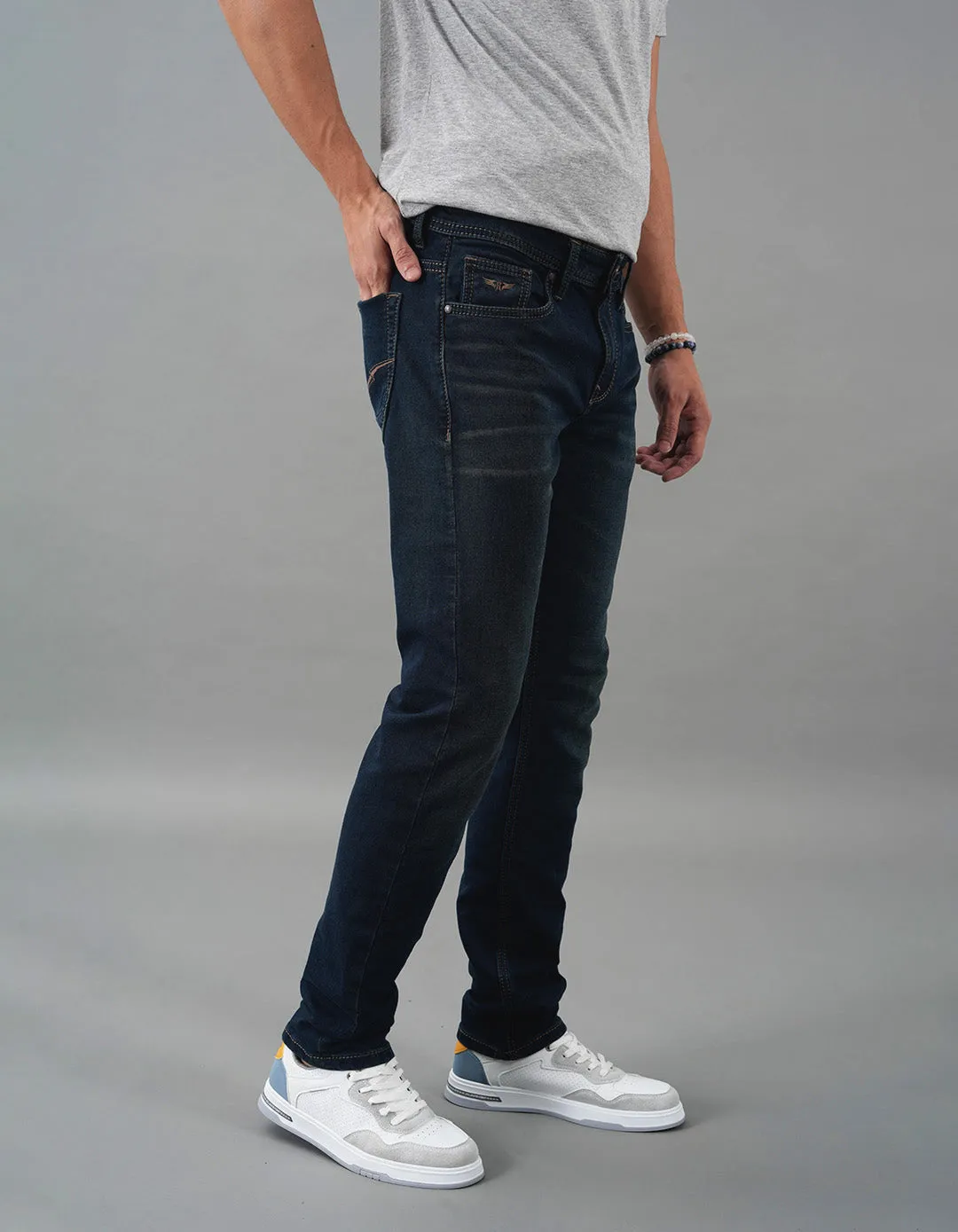 Dk Blue 5 Pocket Mid-Rise Slim Straight Fit Jeans