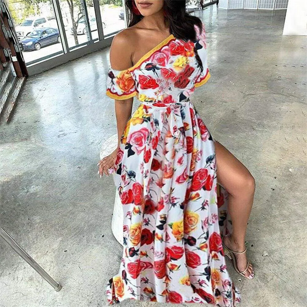 FashionSierra - Women's Boho Maxi Dress Fashion Ladies Casual One Shoulder Floral Holiday Summer Beach Evening Party Long Sundress