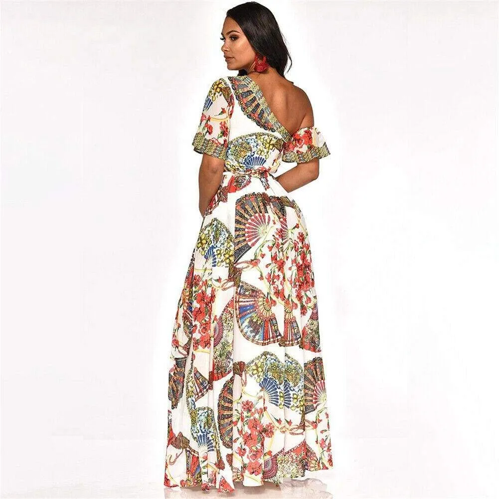 FashionSierra - Women's Boho Maxi Dress Fashion Ladies Casual One Shoulder Floral Holiday Summer Beach Evening Party Long Sundress