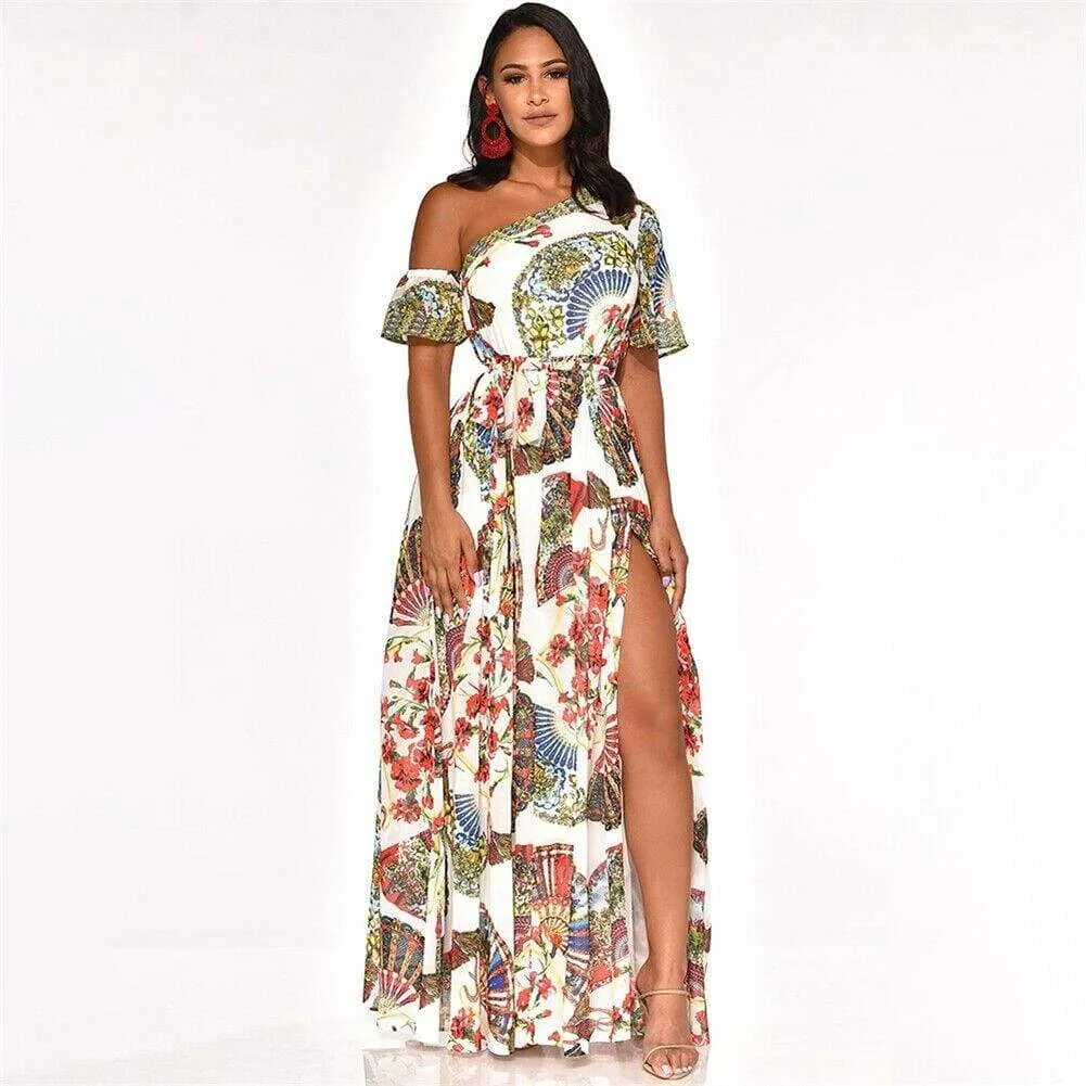 FashionSierra - Women's Boho Maxi Dress Fashion Ladies Casual One Shoulder Floral Holiday Summer Beach Evening Party Long Sundress