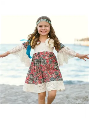 Girls Paisley Print Baby Doll Dress w/Crochet Ruffle Sleeve And Paneling