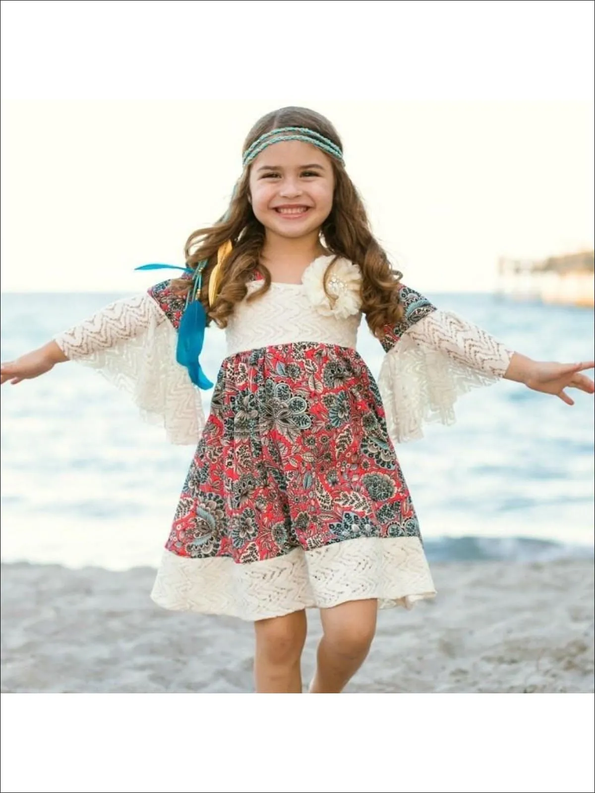 Girls Paisley Print Baby Doll Dress w/Crochet Ruffle Sleeve And Paneling