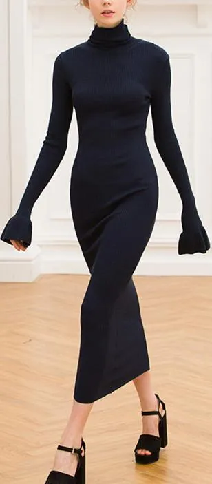 Long Black Knit Turtleneck Dress