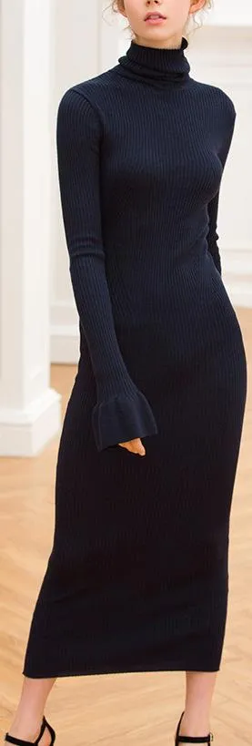 Long Black Knit Turtleneck Dress