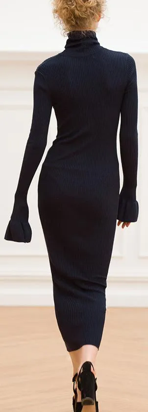 Long Black Knit Turtleneck Dress