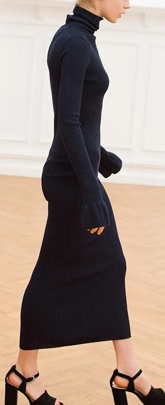 Long Black Knit Turtleneck Dress