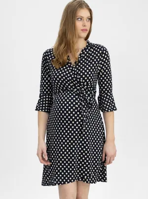 Maternity and Nursing Polka Dot Wrap Dress - 3/4 Sleeve
