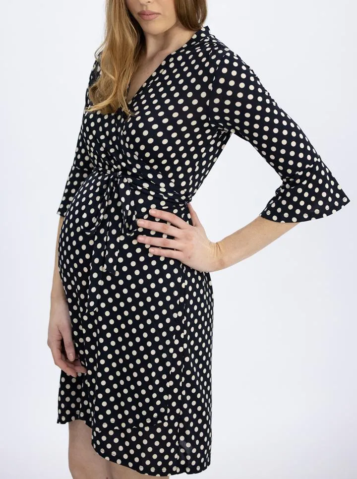 Maternity and Nursing Polka Dot Wrap Dress - 3/4 Sleeve