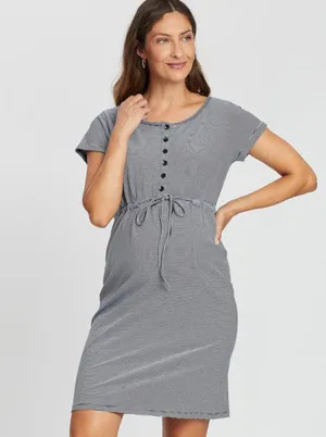 Maternity Cotton Drawstring Dress in  Stripes