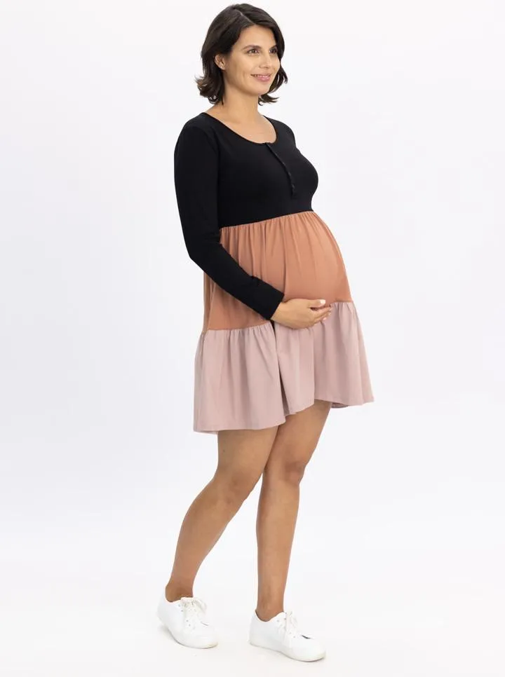 Maternity Tiered Dress Long Sleeve in Multi Color