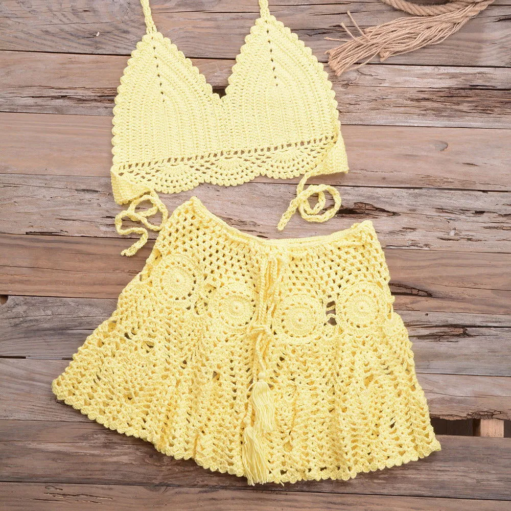 Modern Hand Woven Beach Vacation Banded Bikini Split Swimsuit