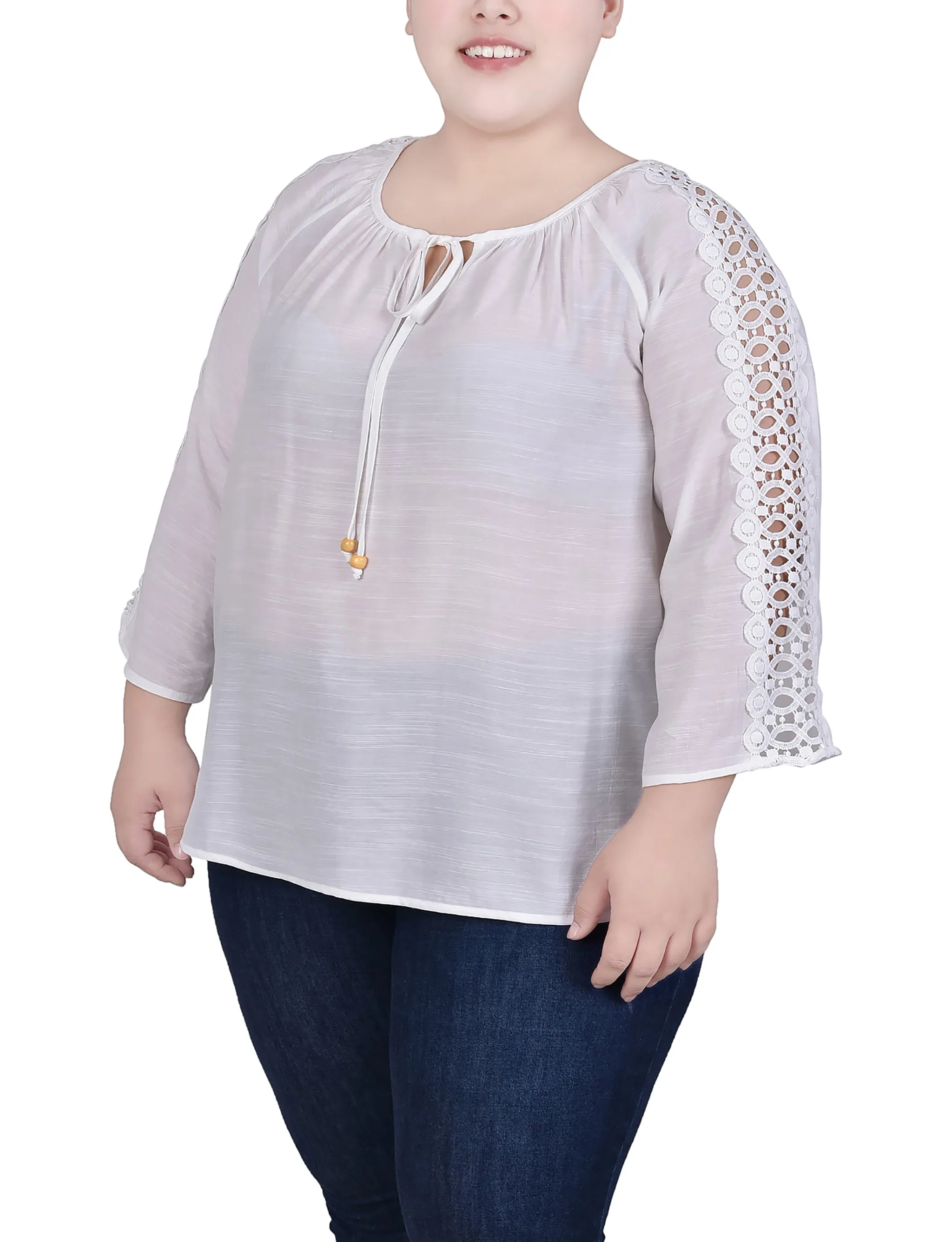 Plus Size 3/4 Sleeve Crochet Detail Blouse