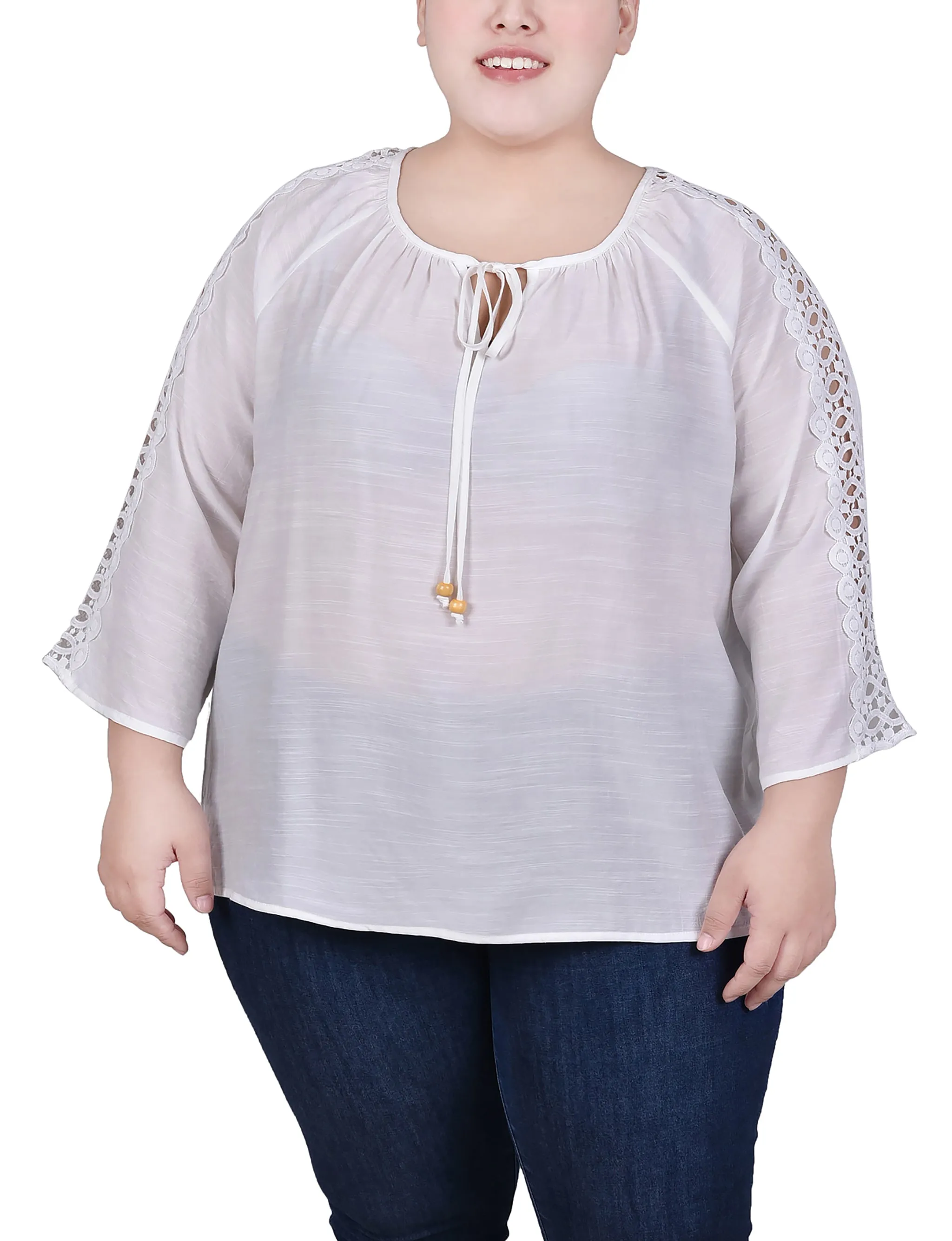 Plus Size 3/4 Sleeve Crochet Detail Blouse