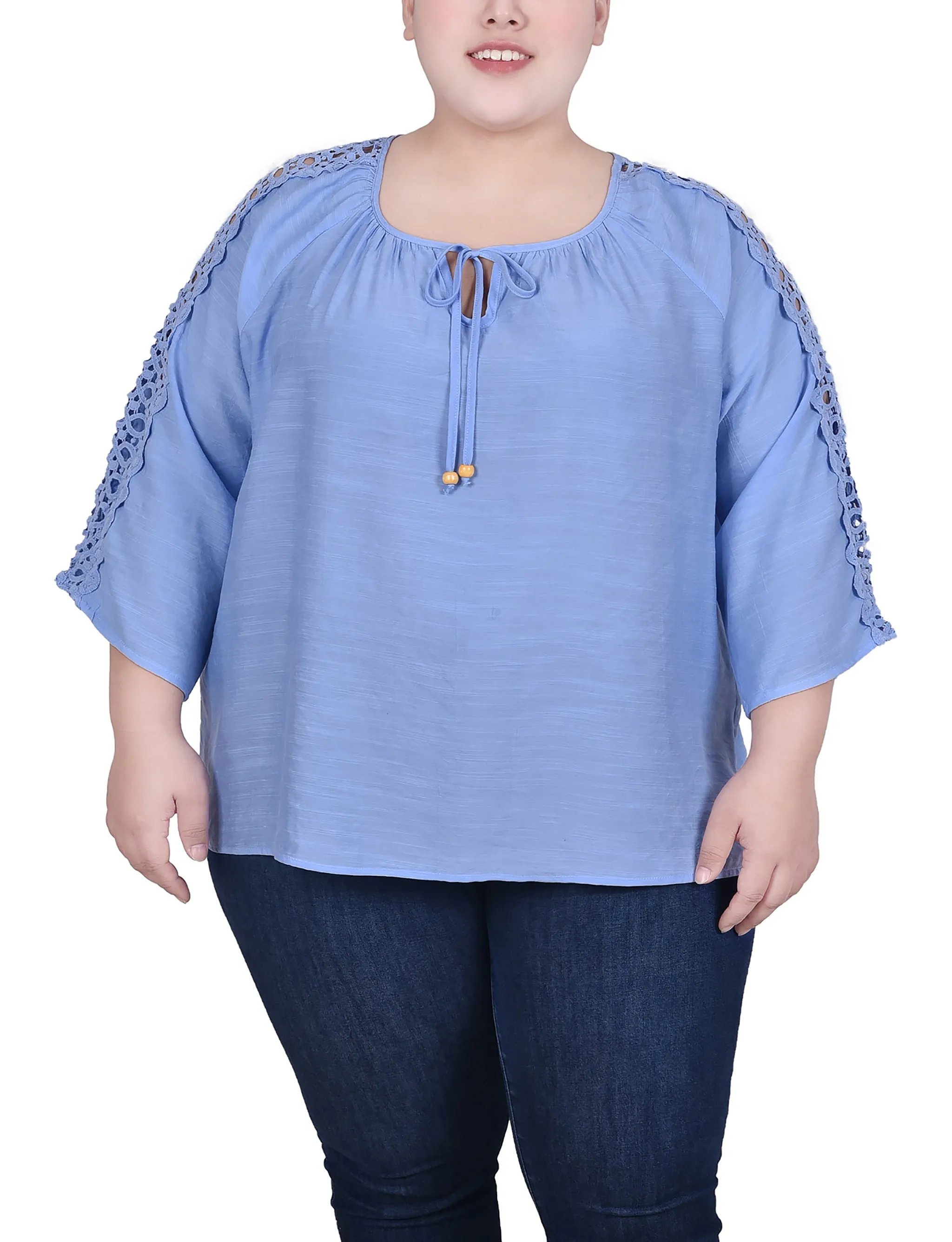 Plus Size 3/4 Sleeve Crochet Detail Blouse