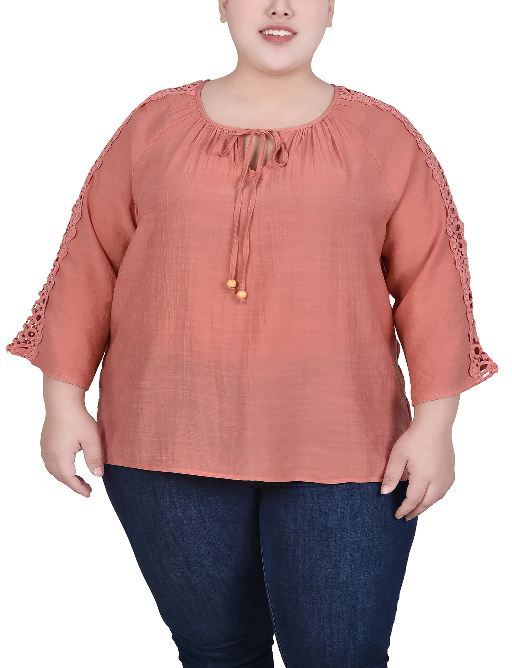 Plus Size 3/4 Sleeve Crochet Detail Blouse
