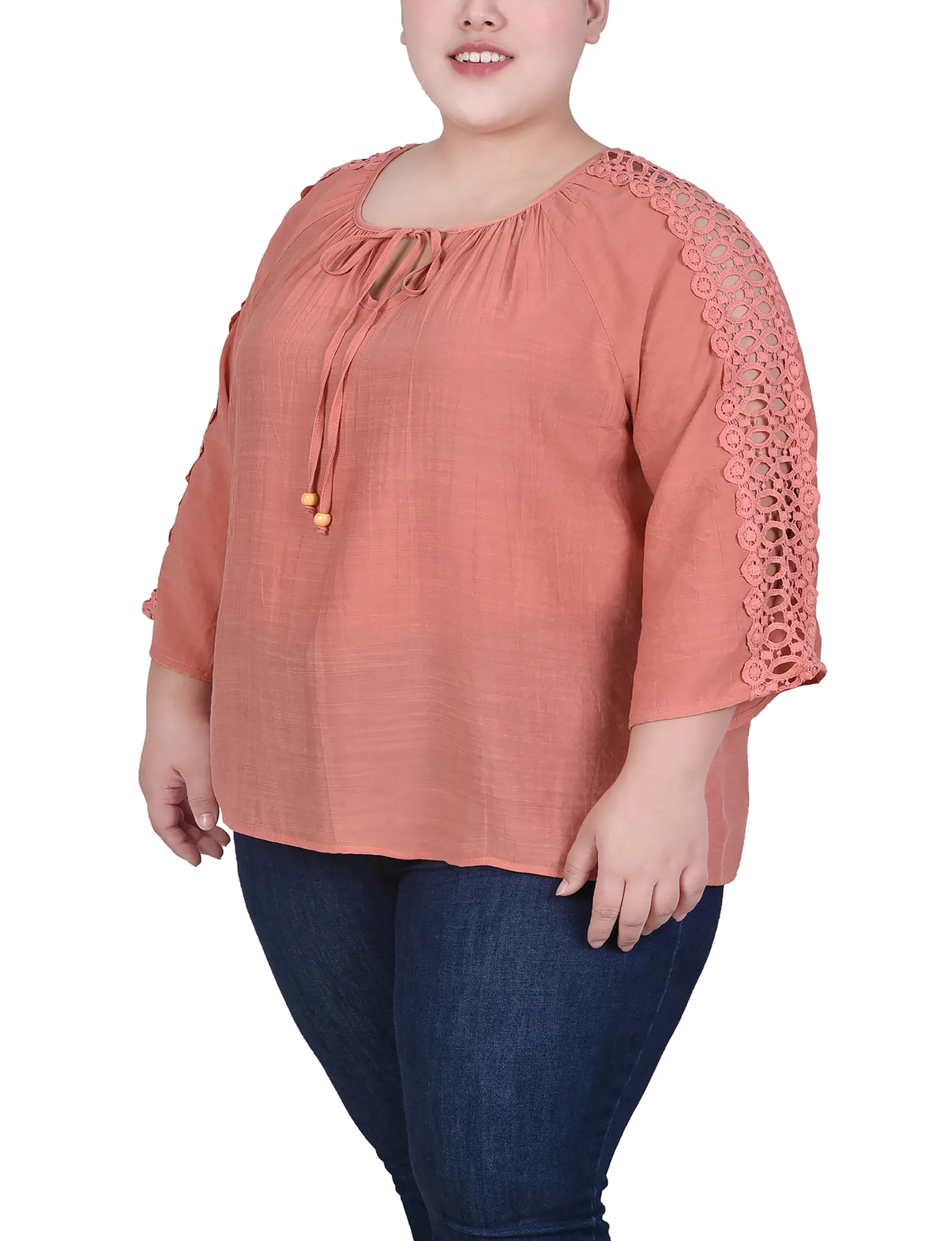 Plus Size 3/4 Sleeve Crochet Detail Blouse