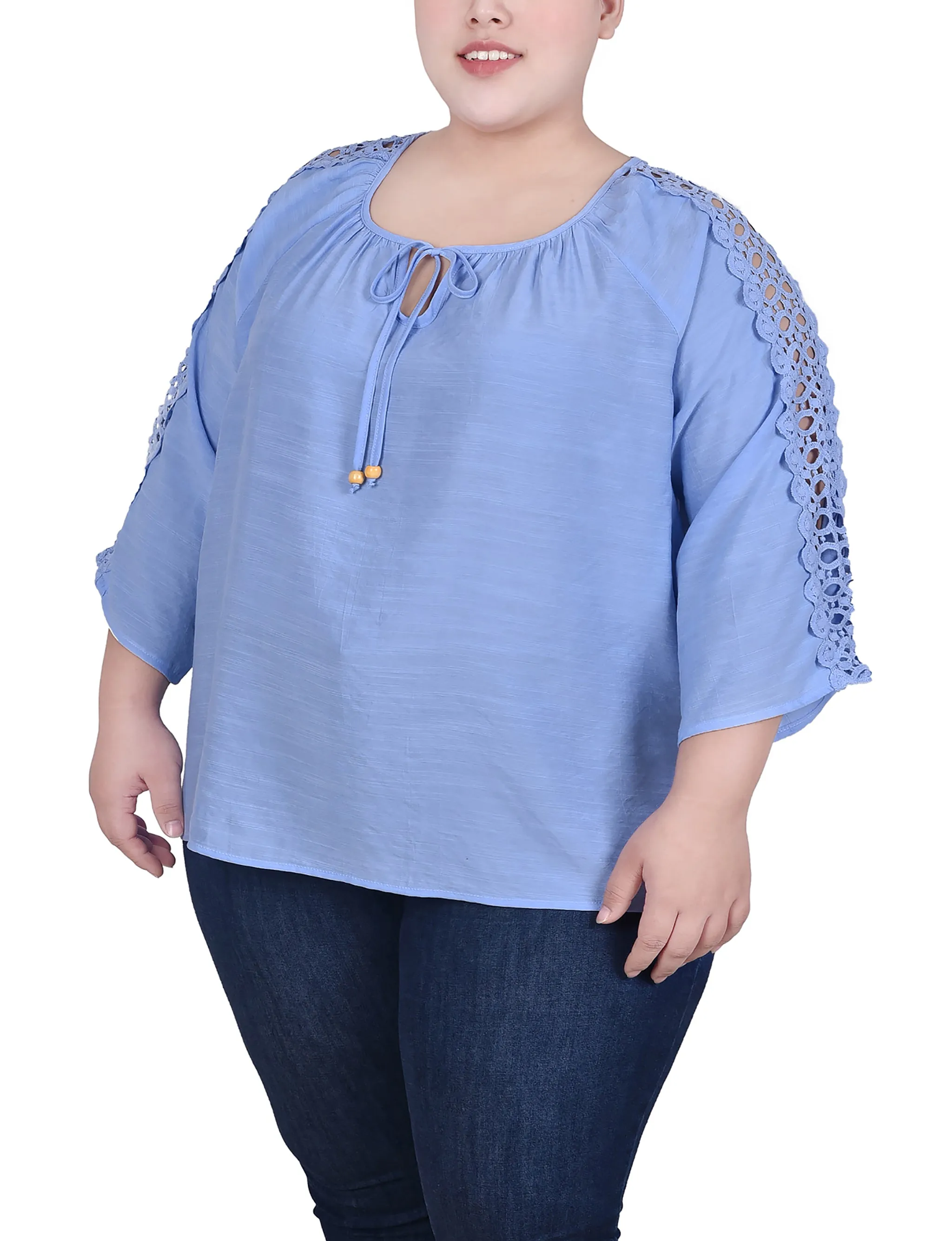 Plus Size 3/4 Sleeve Crochet Detail Blouse