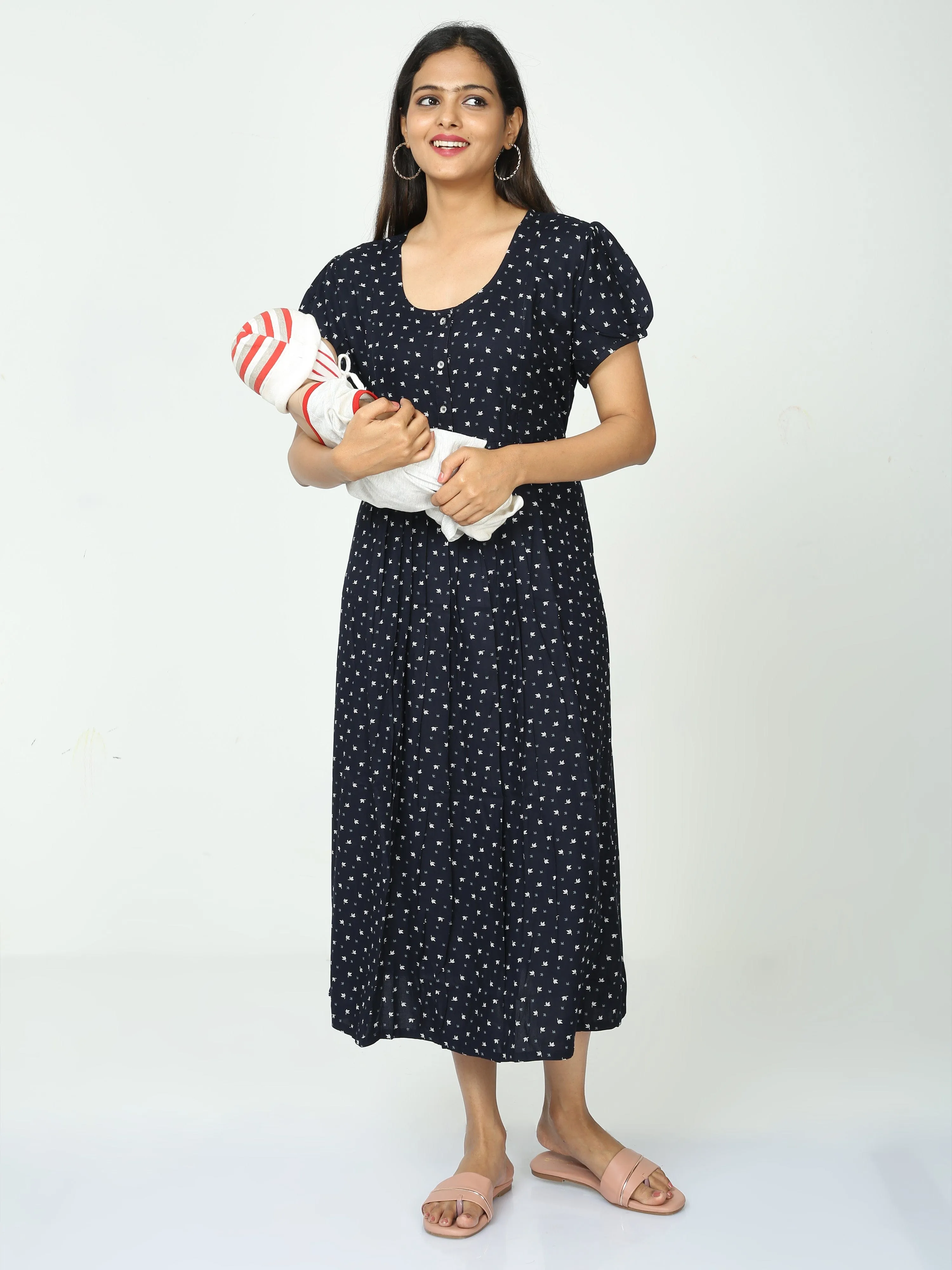 Rayon Maternity Feeding Dress Navy Blue