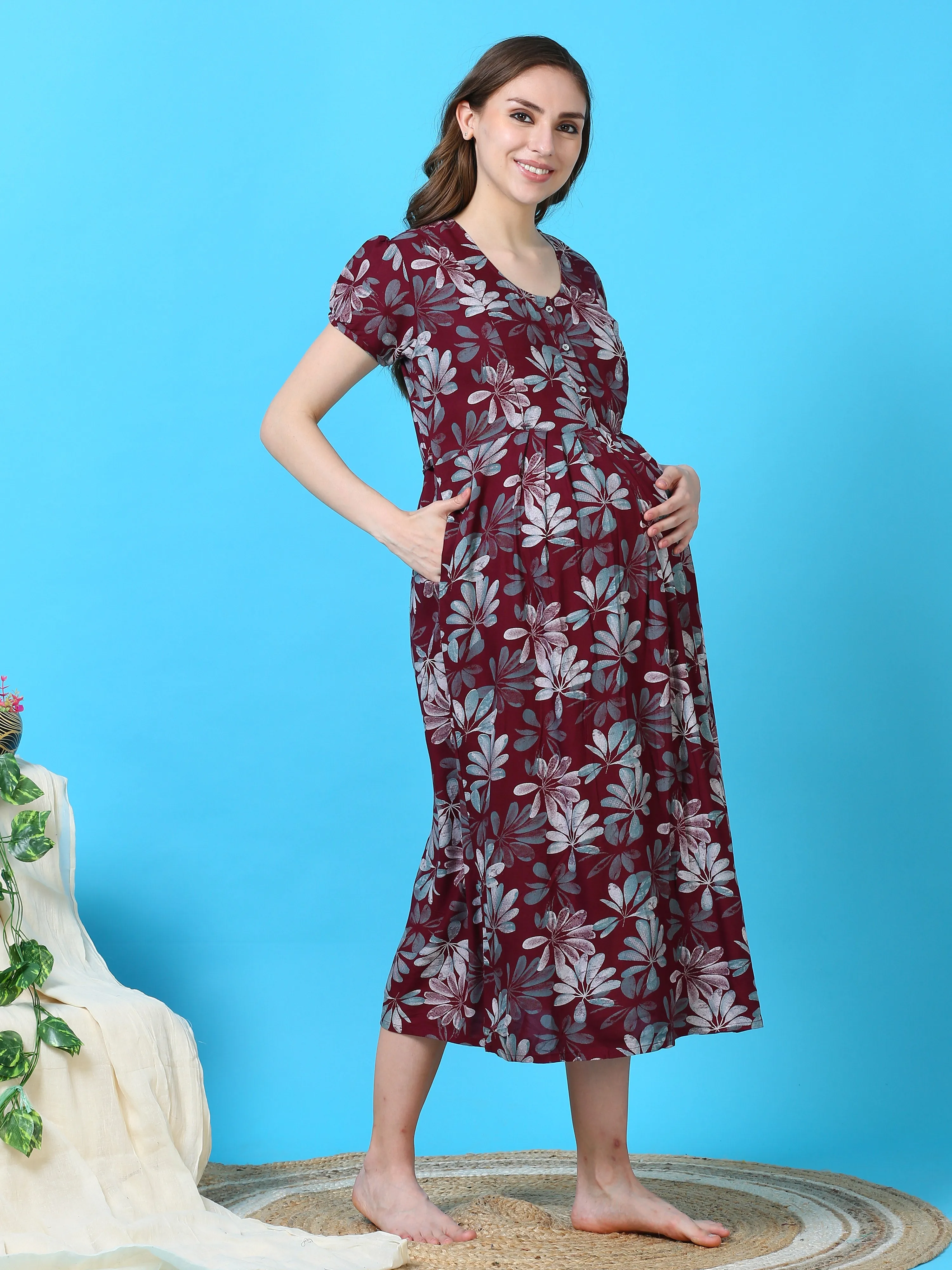 Rayon Maternity Feeding Dress Red