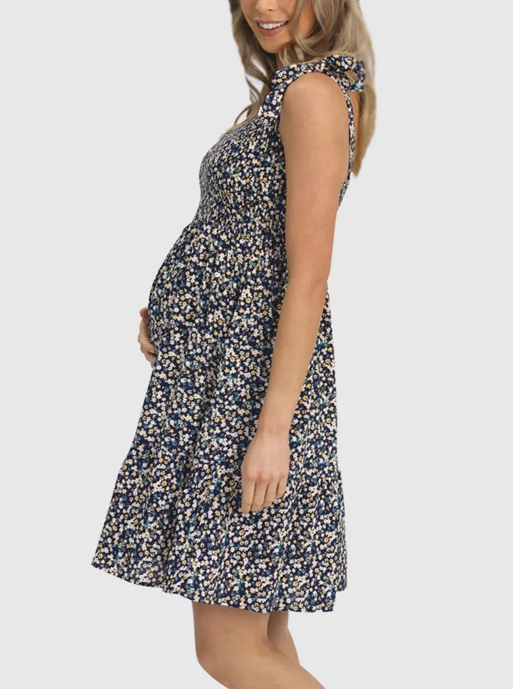 Shirred Floral Maternity Sun Dress - Shoulder Tie