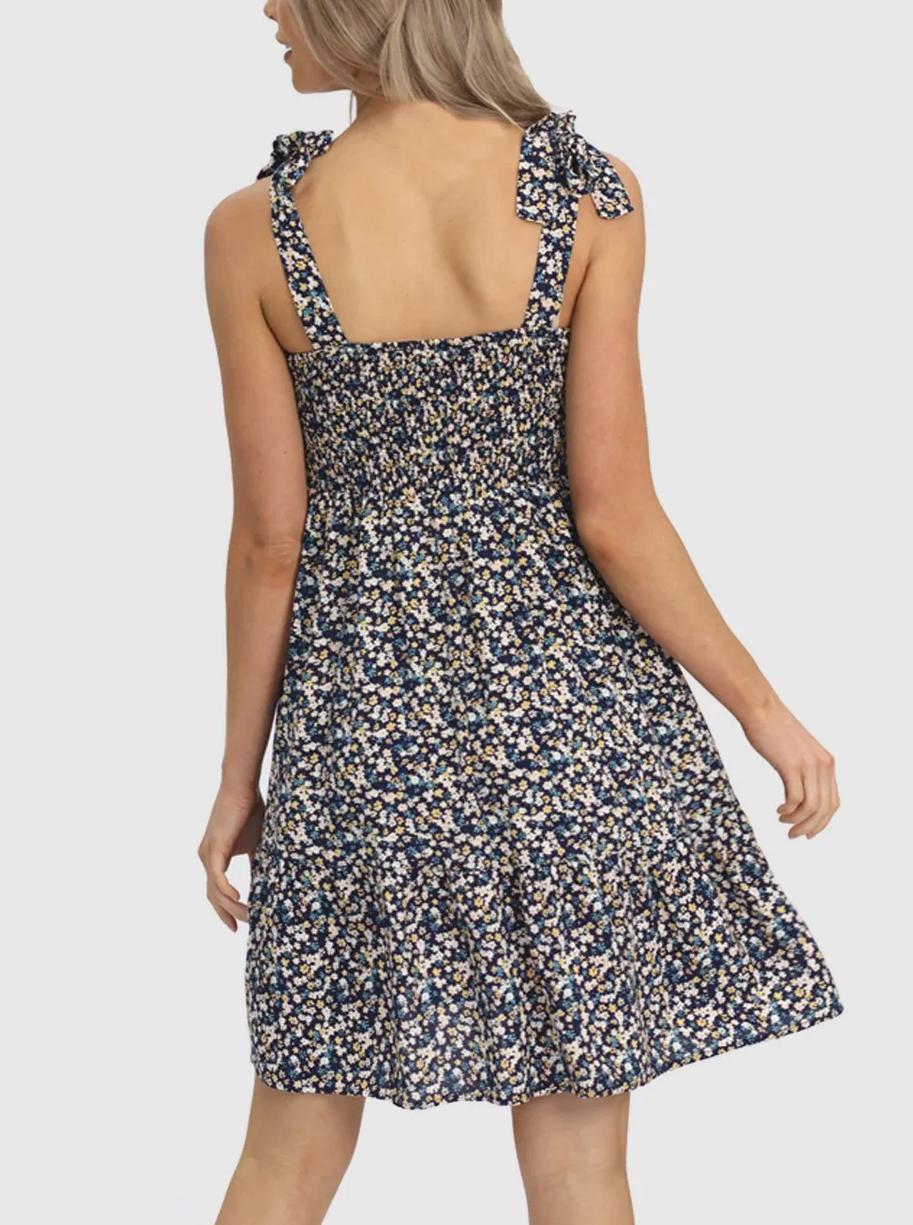 Shirred Floral Maternity Sun Dress - Shoulder Tie