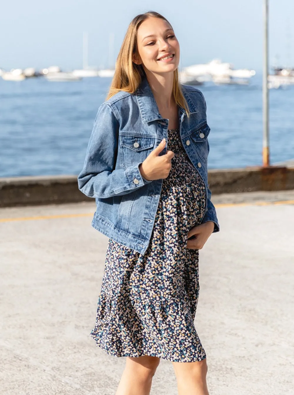Shirred Floral Maternity Sun Dress - Shoulder Tie
