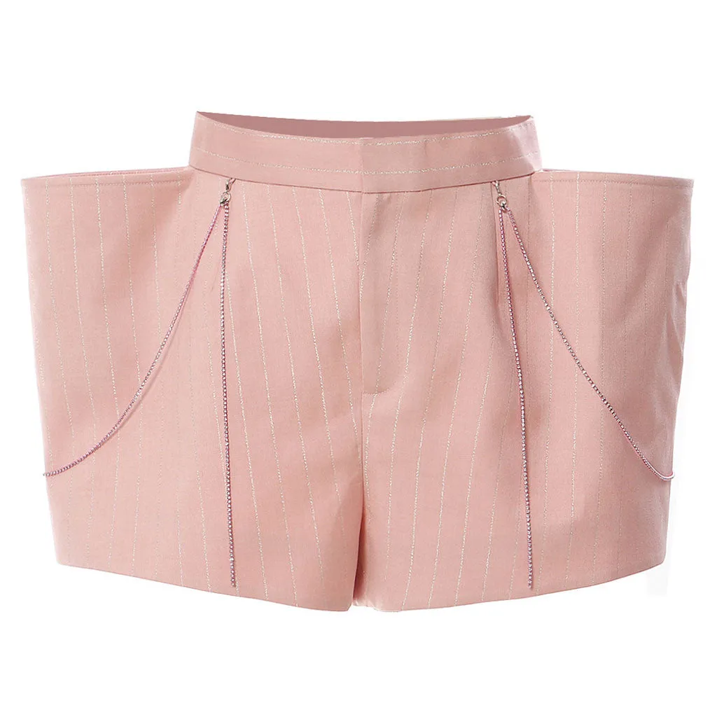 Sparkly Striped High Waist Rhinestone Chain Cargo Pocket Tailored Shorts