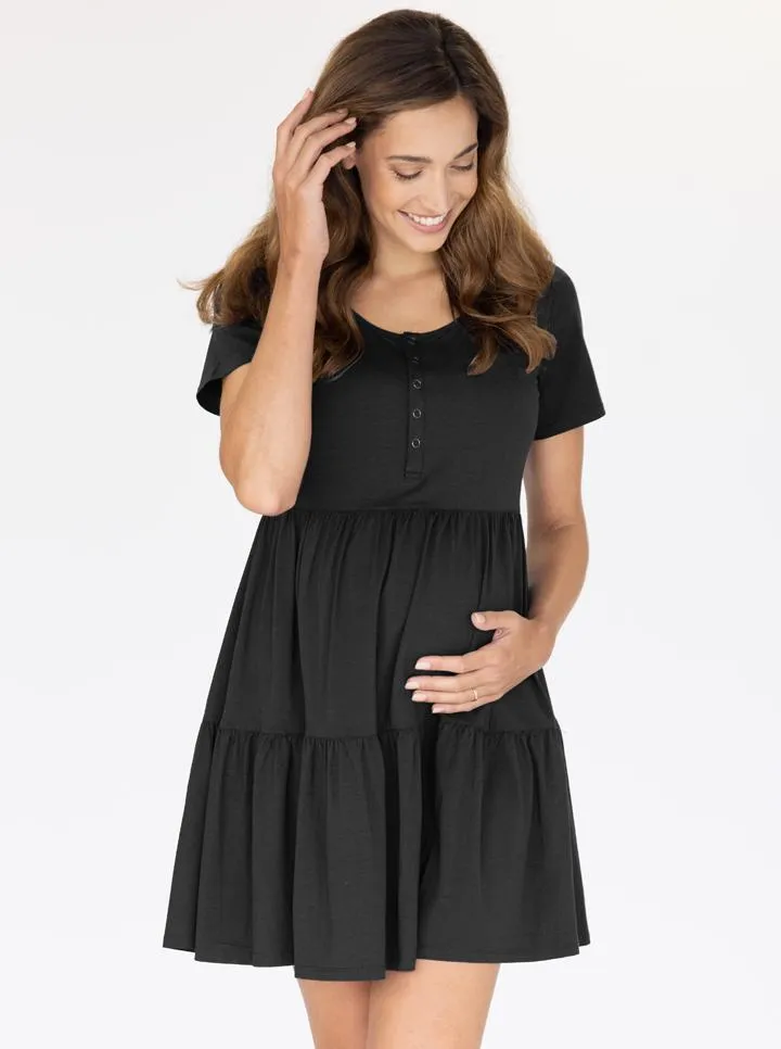 Tiered Mini Black Maternity  Dress - Short Sleeve