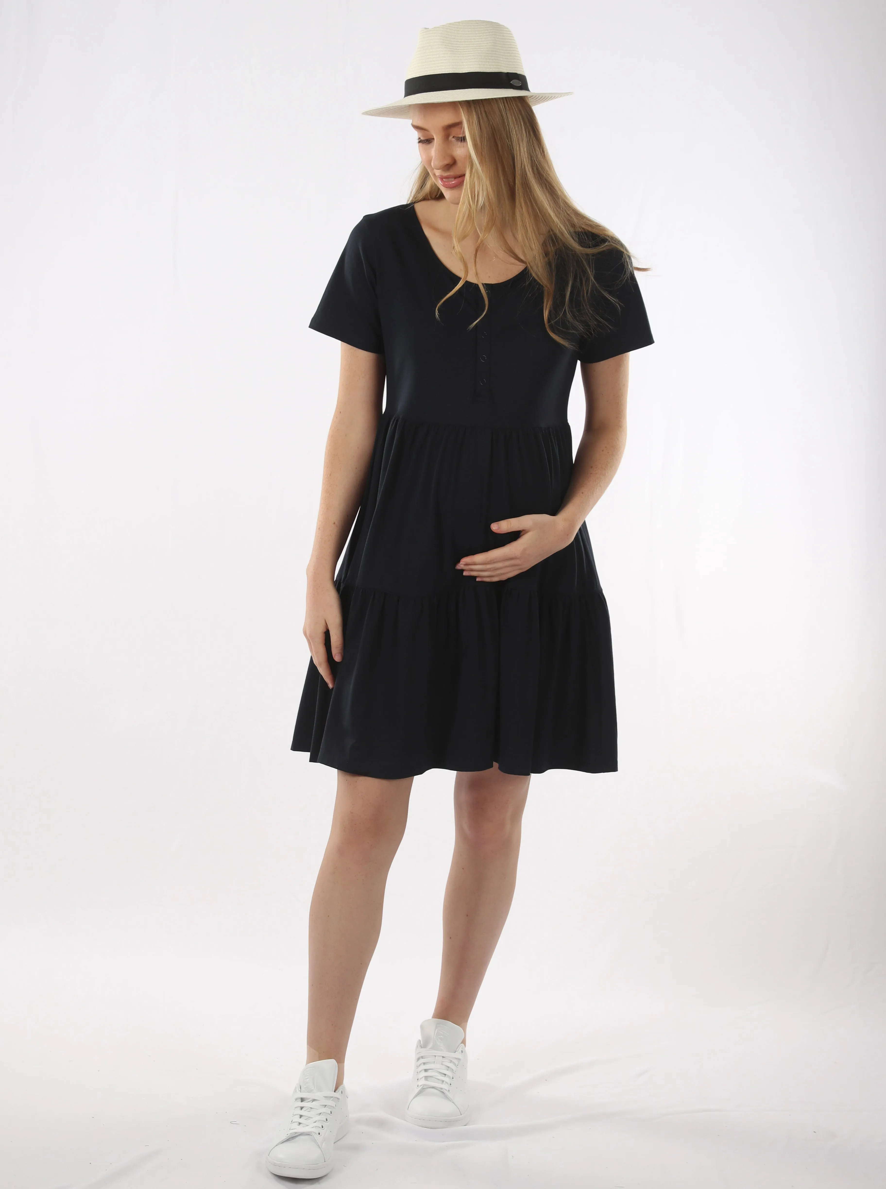 Tiered Mini Black Maternity  Dress - Short Sleeve