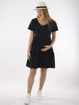 Tiered Mini Black Maternity  Dress - Short Sleeve