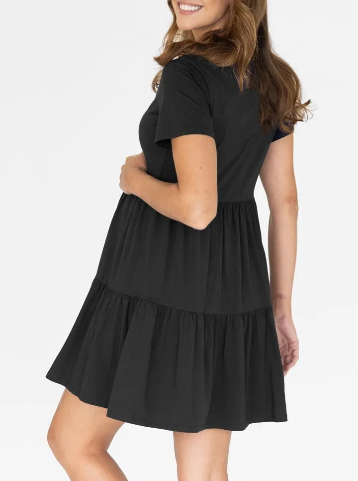 Tiered Mini Black Maternity  Dress - Short Sleeve