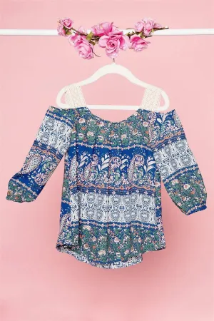 Toddler Girls Boho Multi Blue Cold Shoulder Crochet Detail Top /1-2-2-2