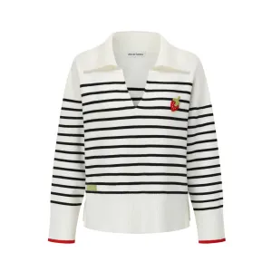 V-Neck Stripe Polo Sweater in Black