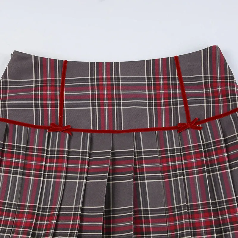 Vintage Plaid Aesthetic Bow Checkered Pleated Skirt