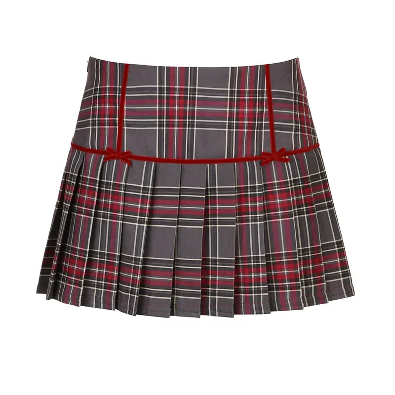 Vintage Plaid Aesthetic Bow Checkered Pleated Skirt