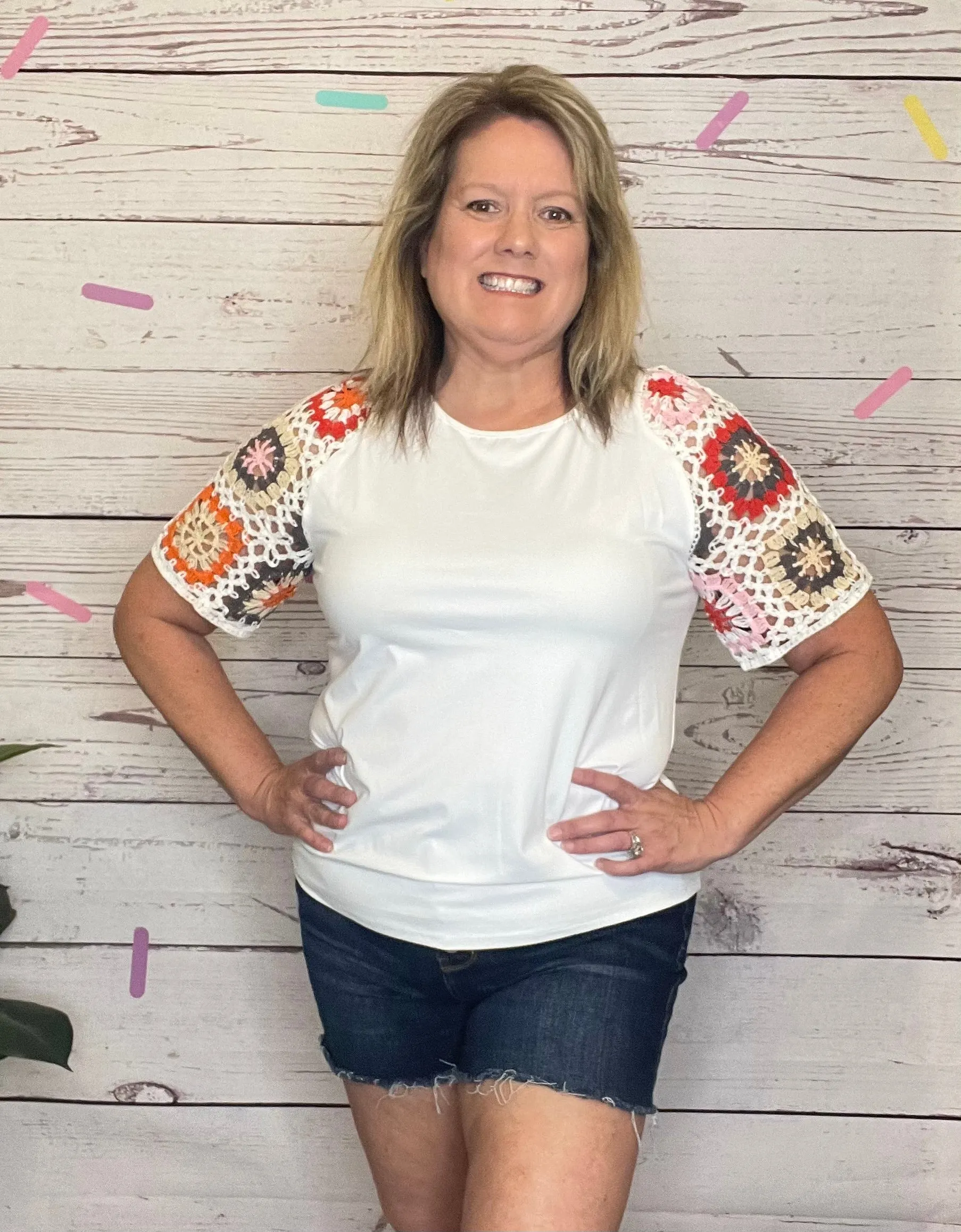White Floral Crochet Sleeve Top